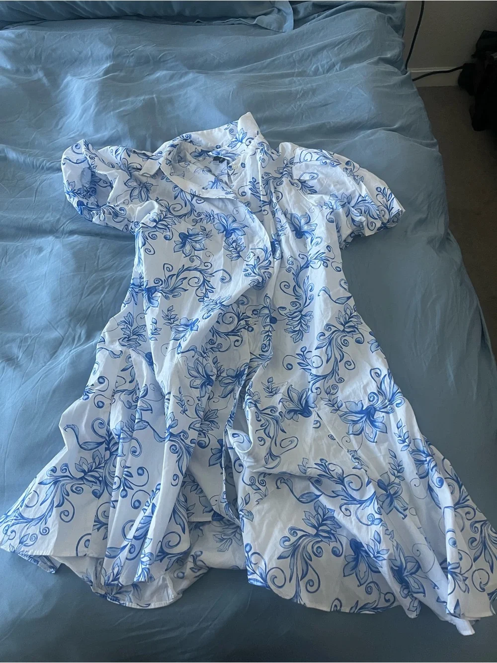 White Button-Front Dress with Blue Floral Print - Picture 1 of 2